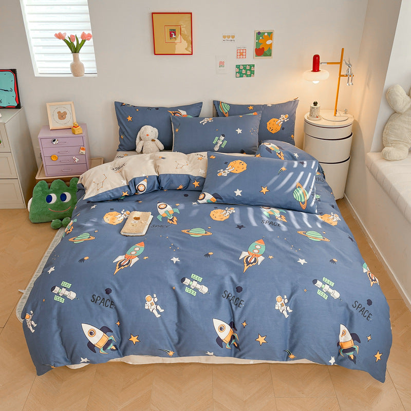 Outer Space Cotton Bedding Set - Reversible Kids Duvet Cover Navy Blue