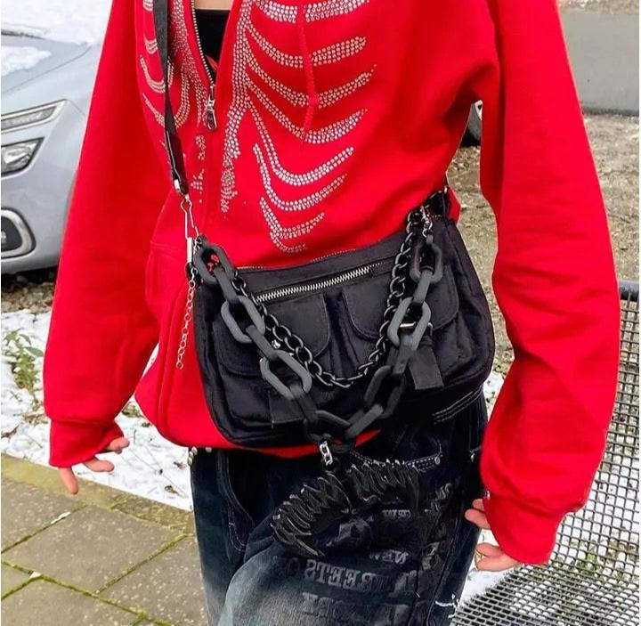 Y2K Rhinestone Skeleton Hoodie Red