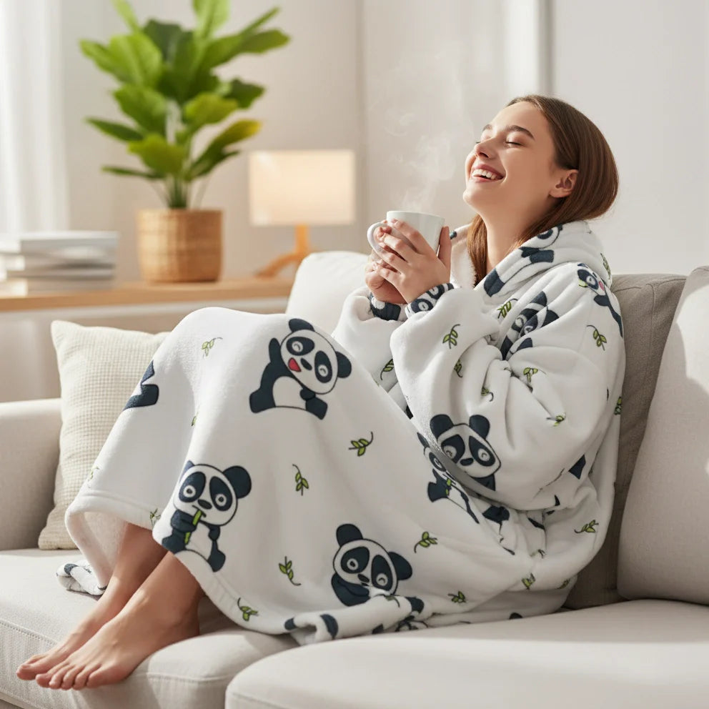 Animal Print Hooded Blanket Panda One Size (Women)