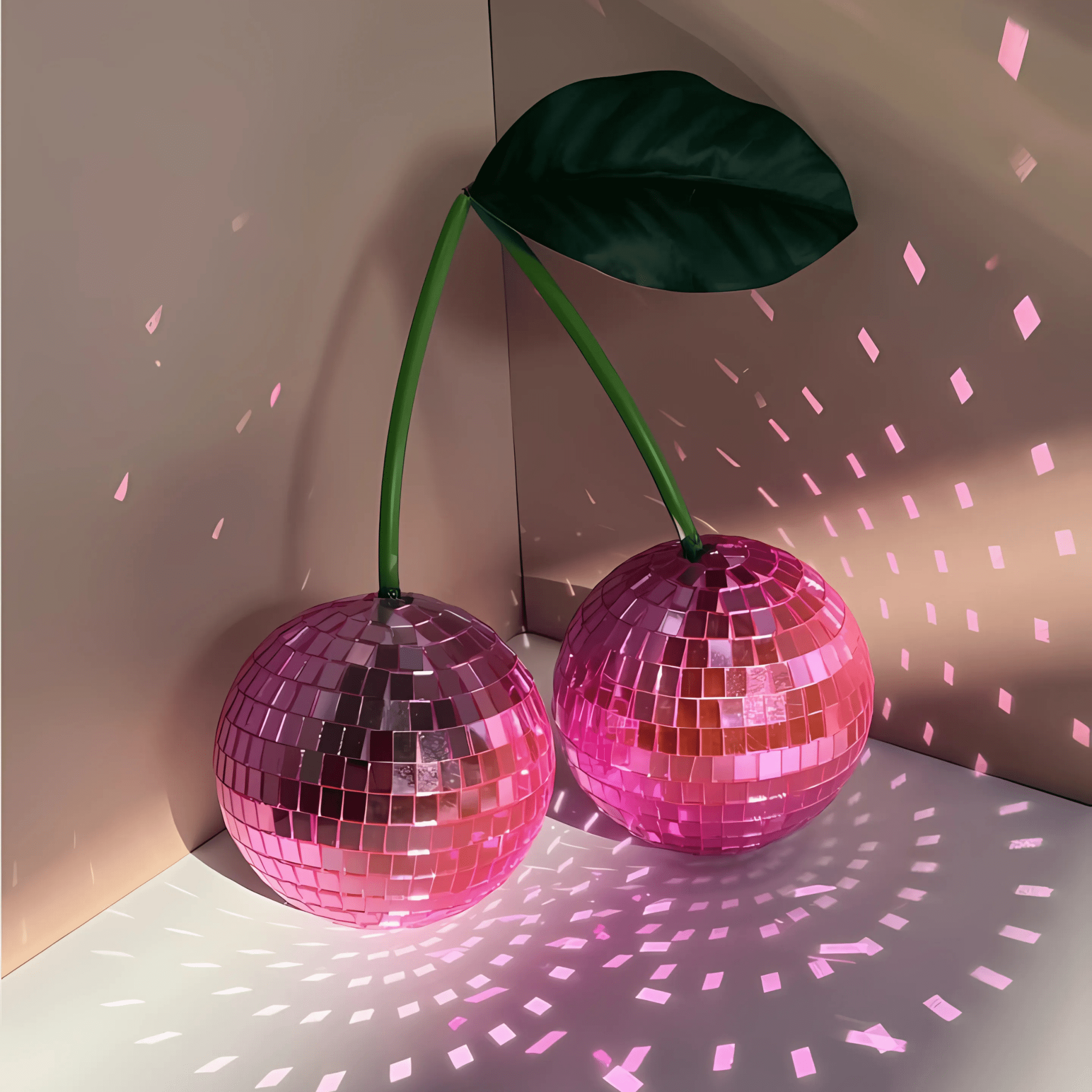 Red Cherry Disco Ball Mirror Decor Pink