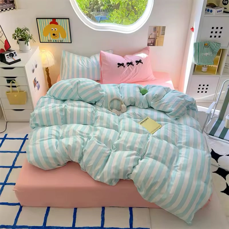 Beige Striped Cotton Bedding Set Blue and Pink