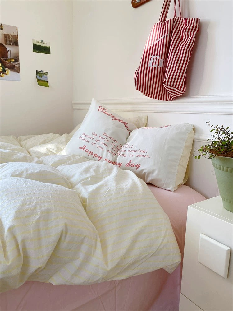 Pink & Yellow Striped Cotton Duvet Cover Set
