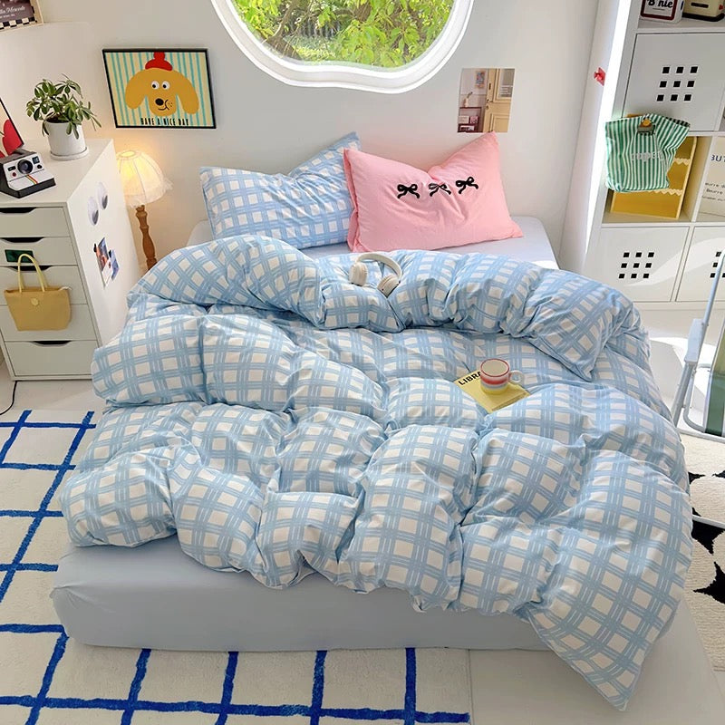 Purple Striped Cotton Bedding Set Blue