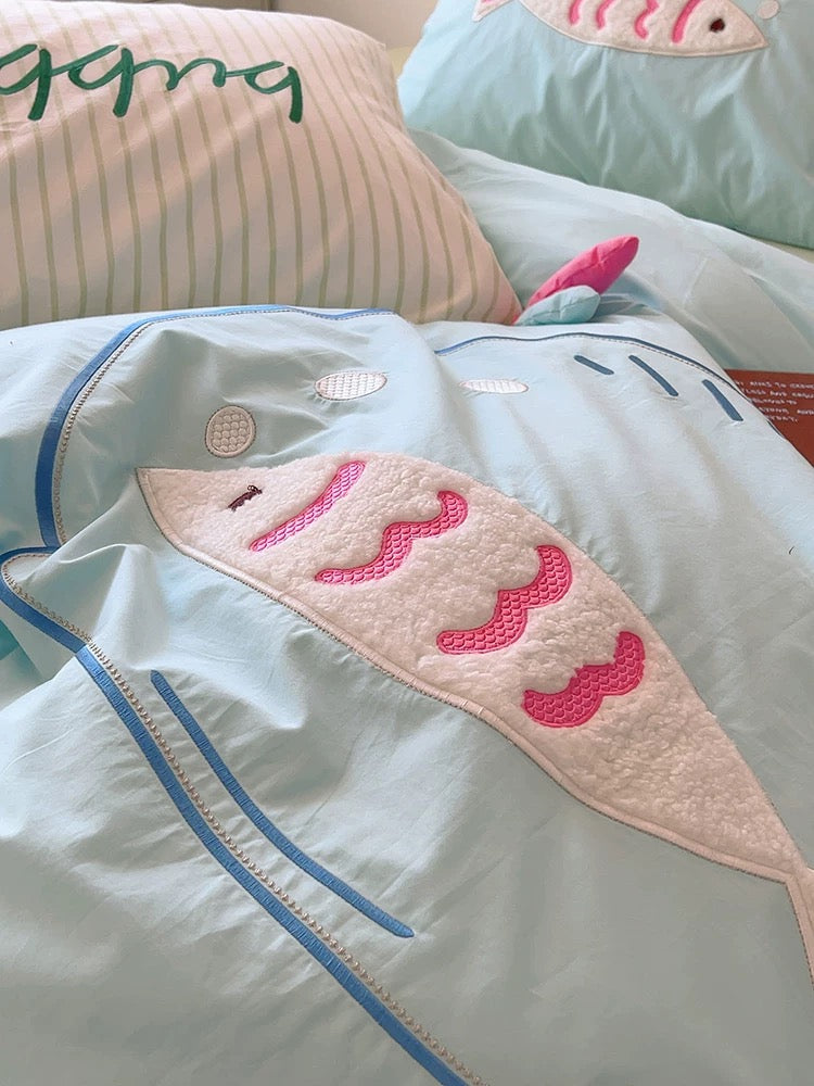 Blue Cartoon Fish Embroidered Bedding Set