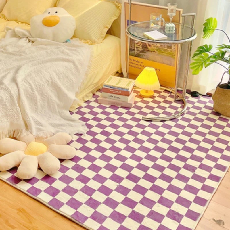 Handmade Retro Checkerboard Rug Purple