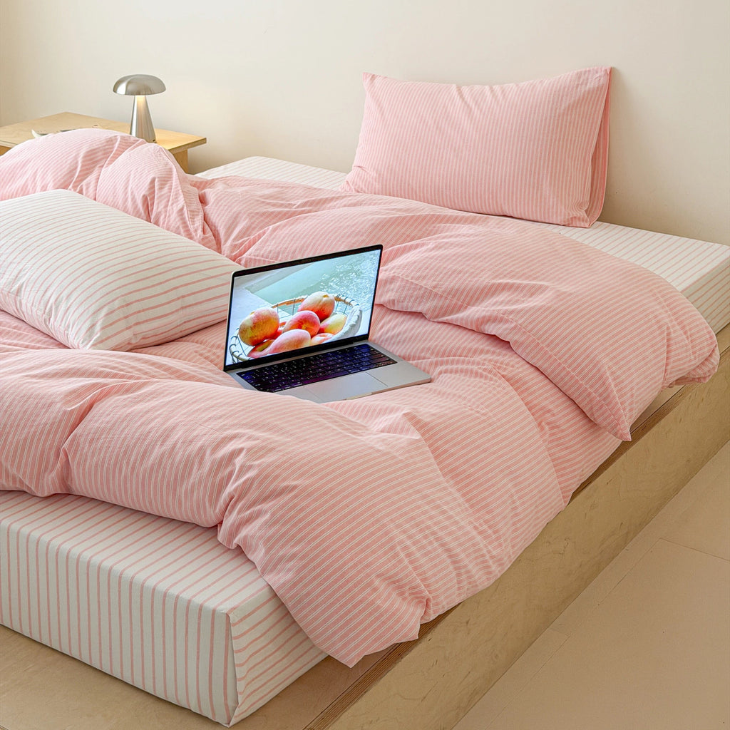 Soft Pink Striped Cotton Duvet Cover Set