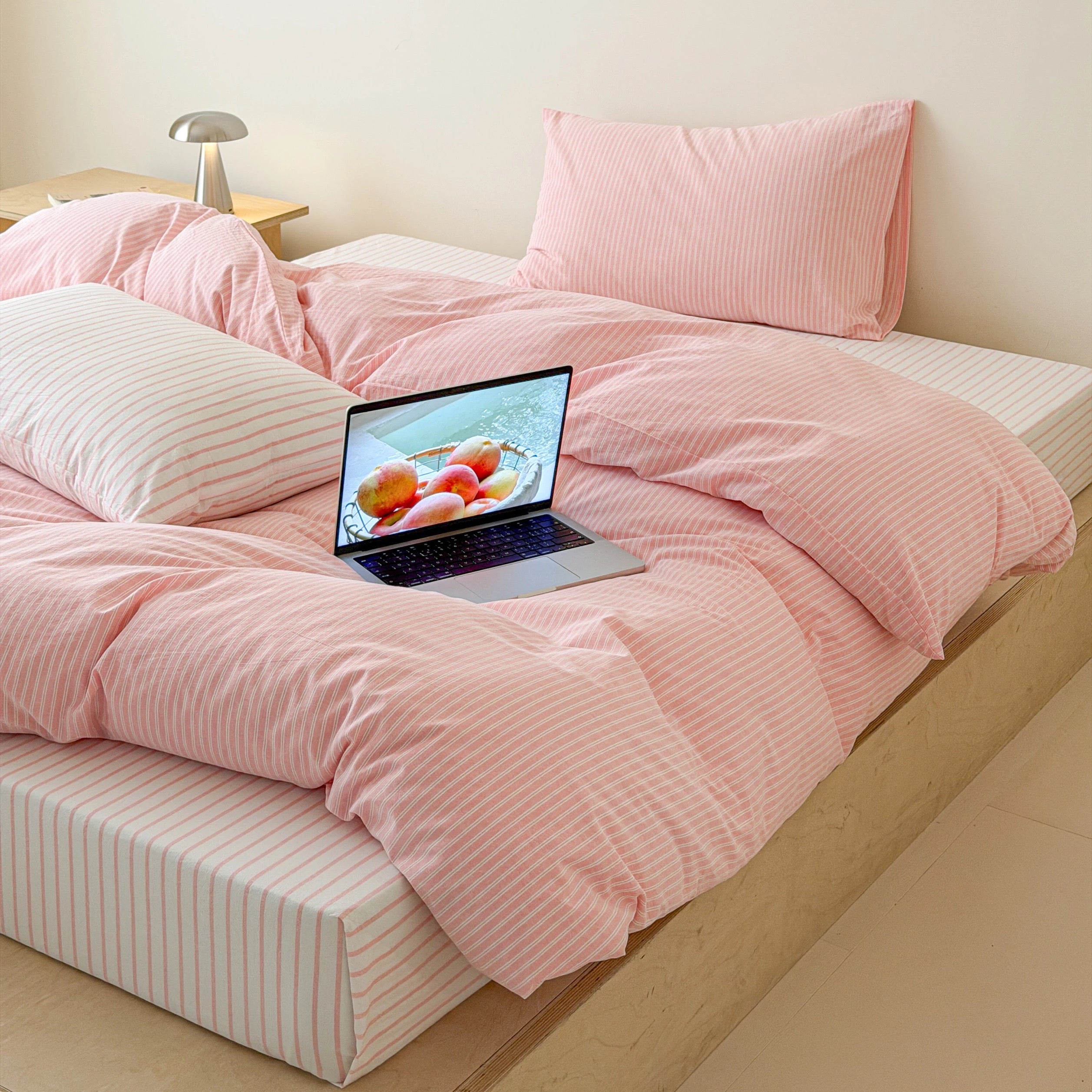 Soft Pink Striped Cotton Duvet Cover Set