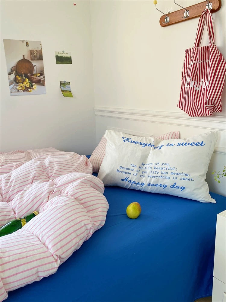 Pink & Yellow Striped Cotton Duvet Cover Set Blue & Pink