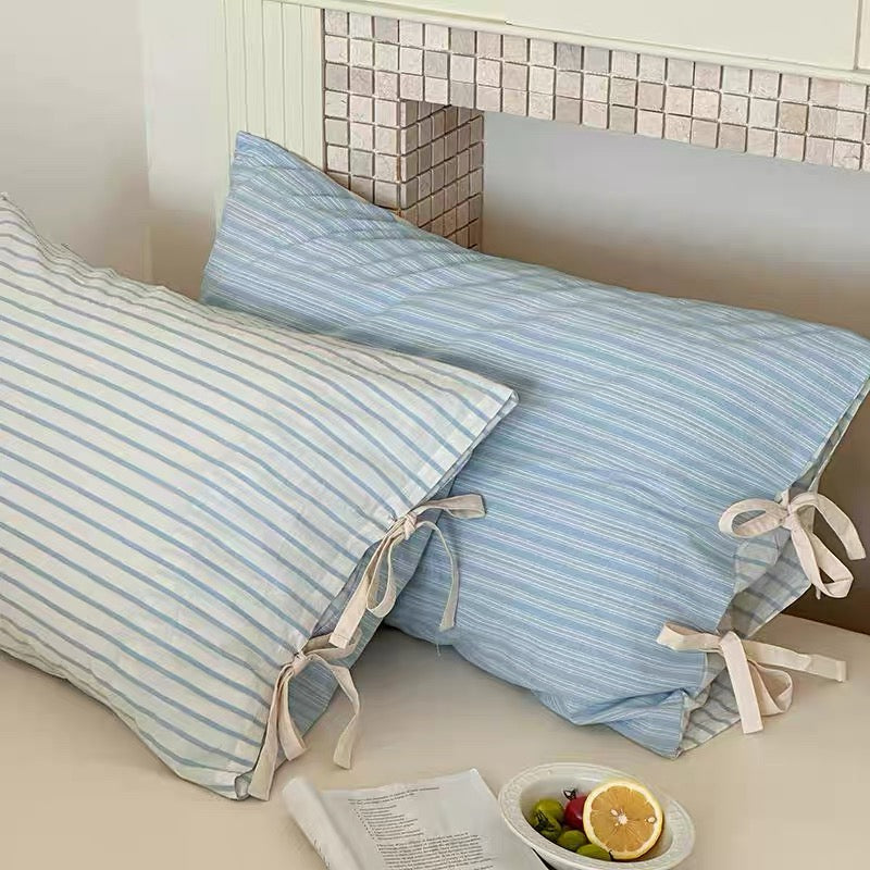 Pastel Striped Bow Pillowcase Blue