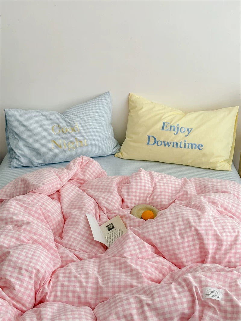 Pastel Creamy Pink Gingham Bedding Set