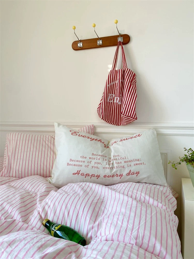 Pink & White Striped Cotton Duvet Cover Set