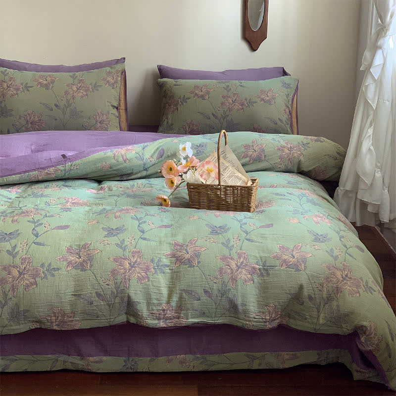 Floral Bedding Set - Lavender Duvet Cover & Flat Sheet (4 PCS) Olive