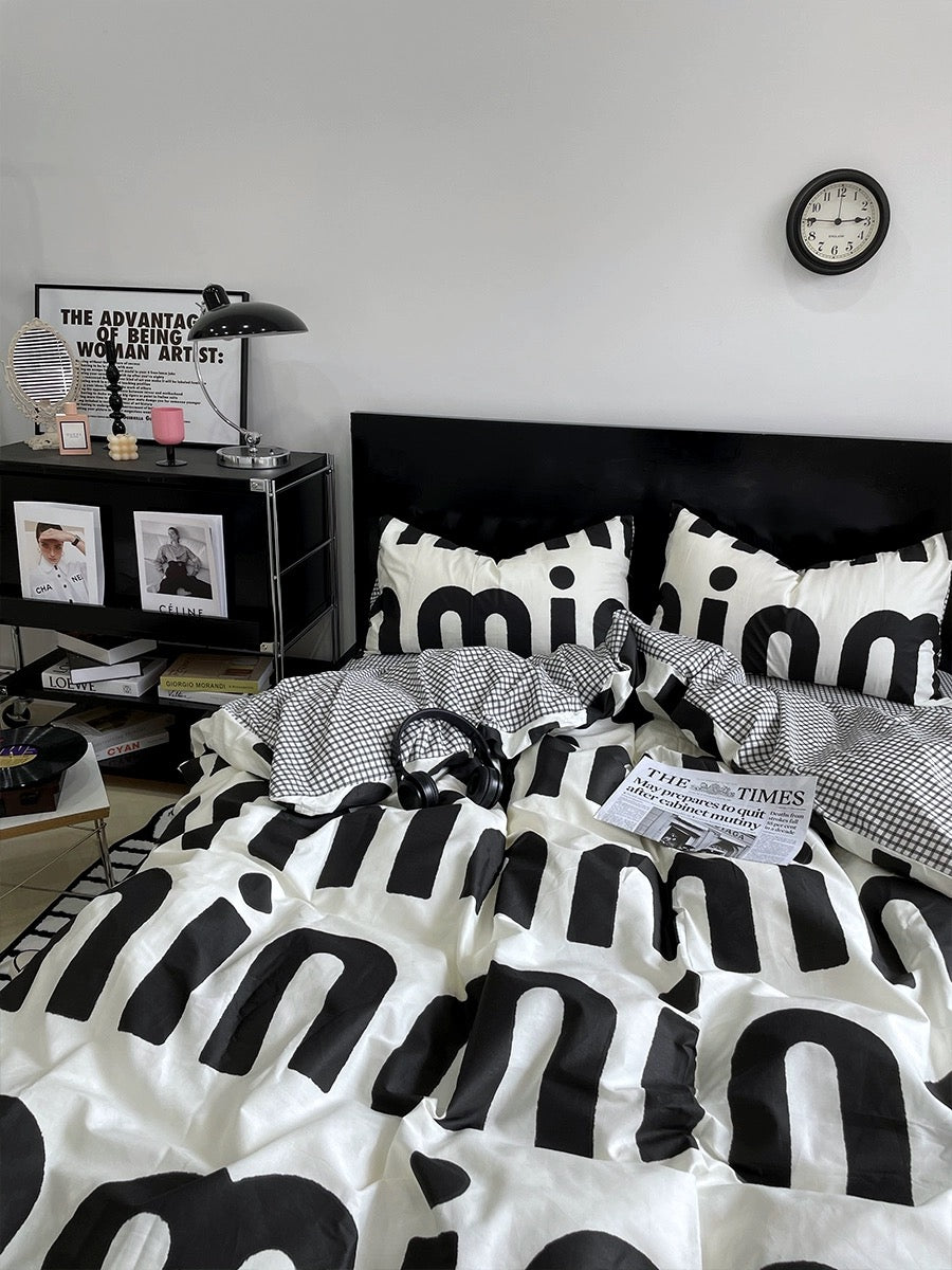 Korean Pink Letter Bedding Set Black