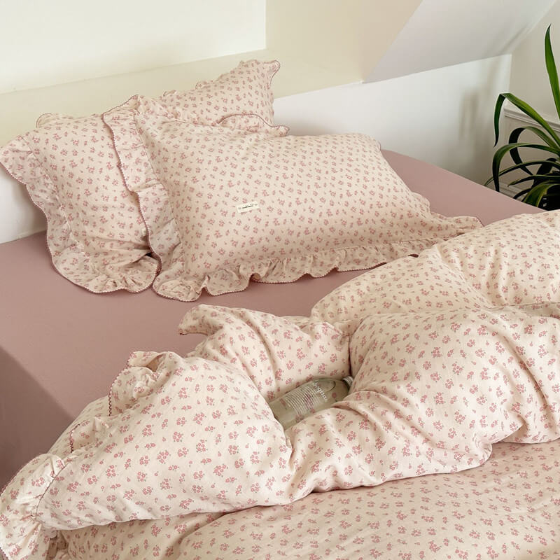 Ditsy Pink Floral Ruffle Bedding Set – Cotton Gauze Softness
