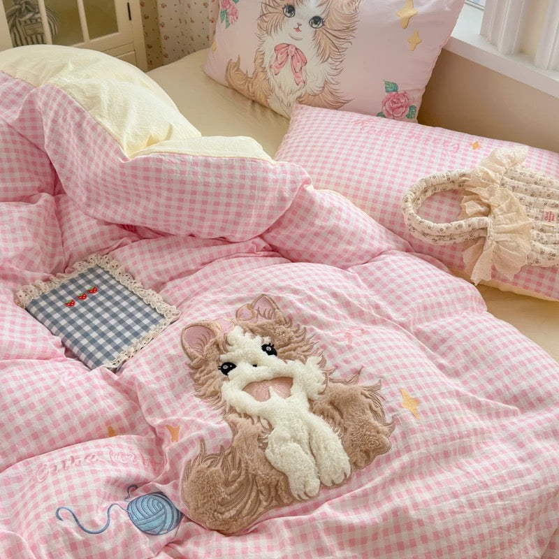 Cute Kitty Pink Gingham Bedding Set