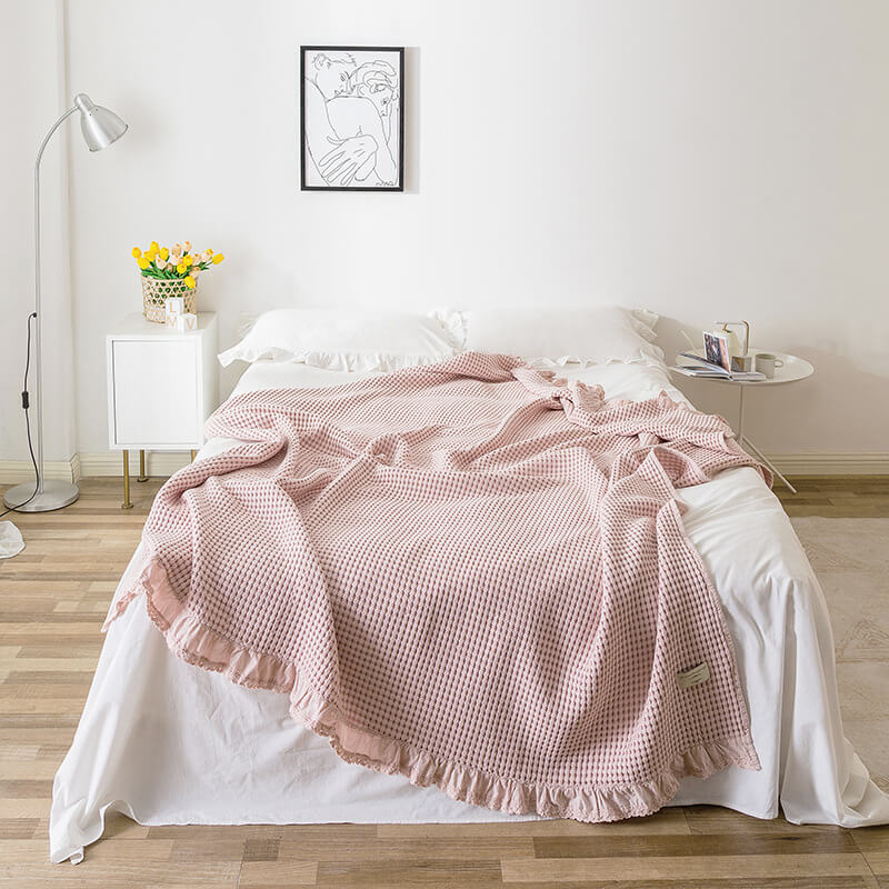 Cotton Waffle Blanket with Ruffle Edge – Soft & Breathable Throw