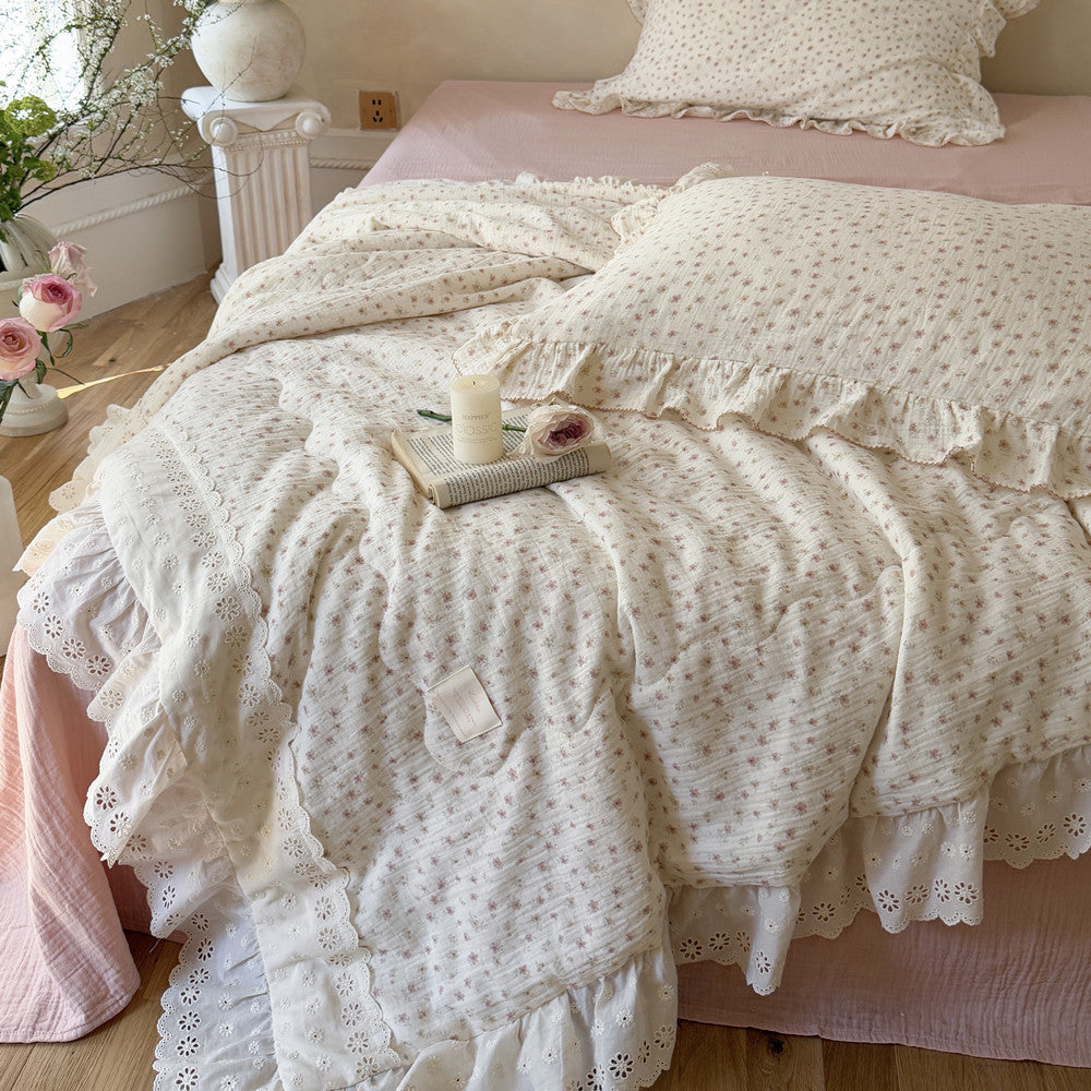 Pink Floral Cotton Comforter – Ruffled Lightweight Bedding