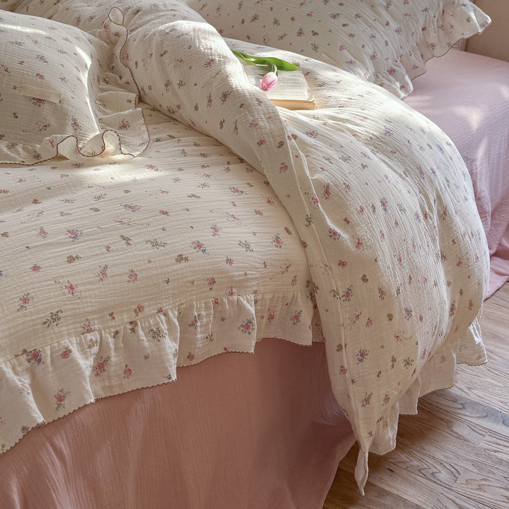 Pink Rose Floral Duvet Cover Set – Cotton with Ruffles