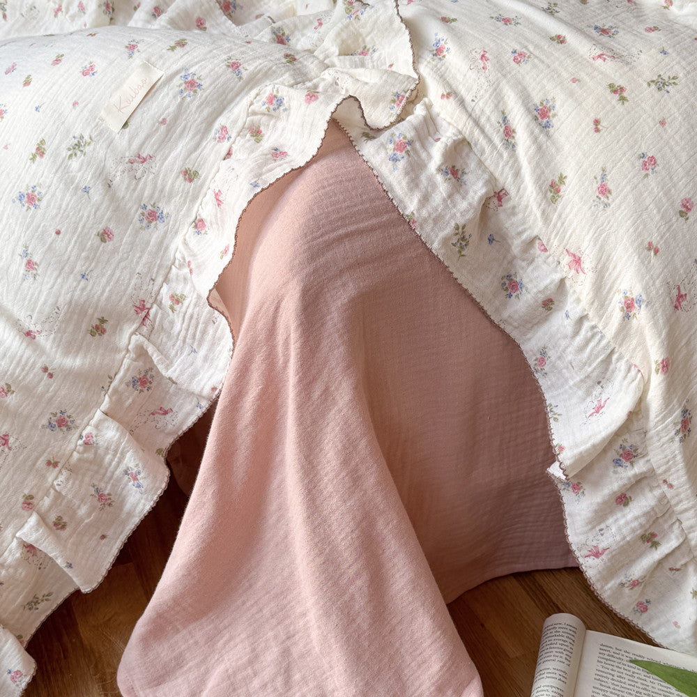 Pink Rose Floral Duvet Cover Set – Cotton with Ruffles