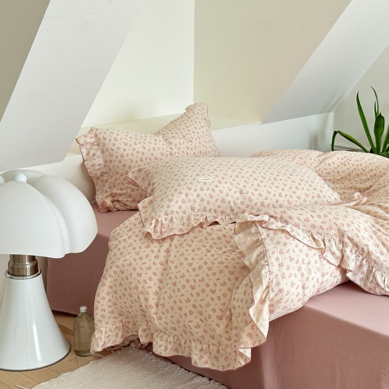 Ditsy Pink Floral Ruffle Bedding Set – Cotton Gauze Softness