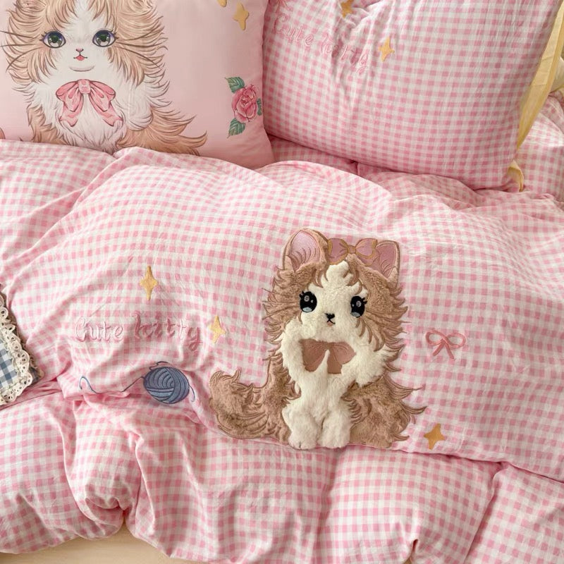 Cute Kitty Pink Gingham Bedding Set