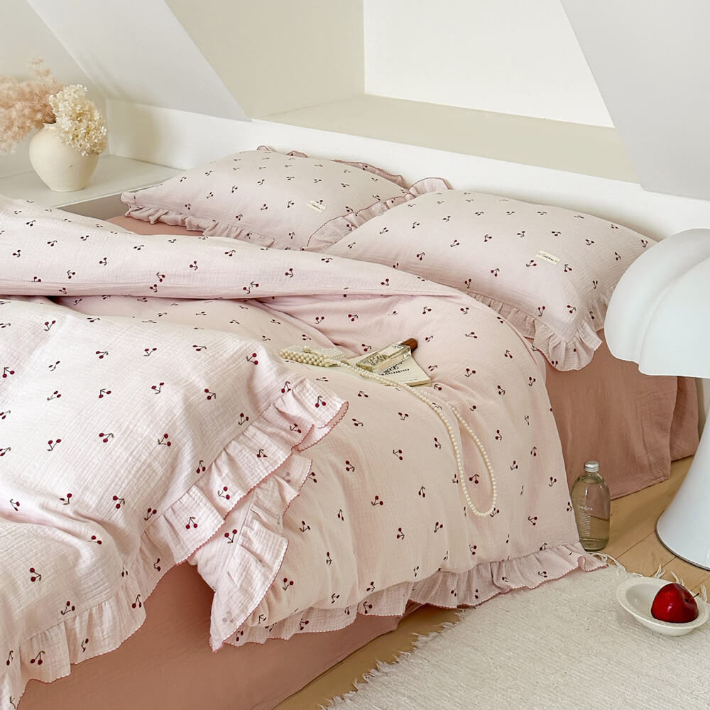 Cherry print duvet cover set - Teen ruffle bedding
