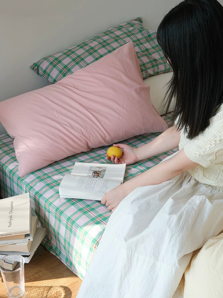 Pink & Mint Green Plaid Duvet Cover Set