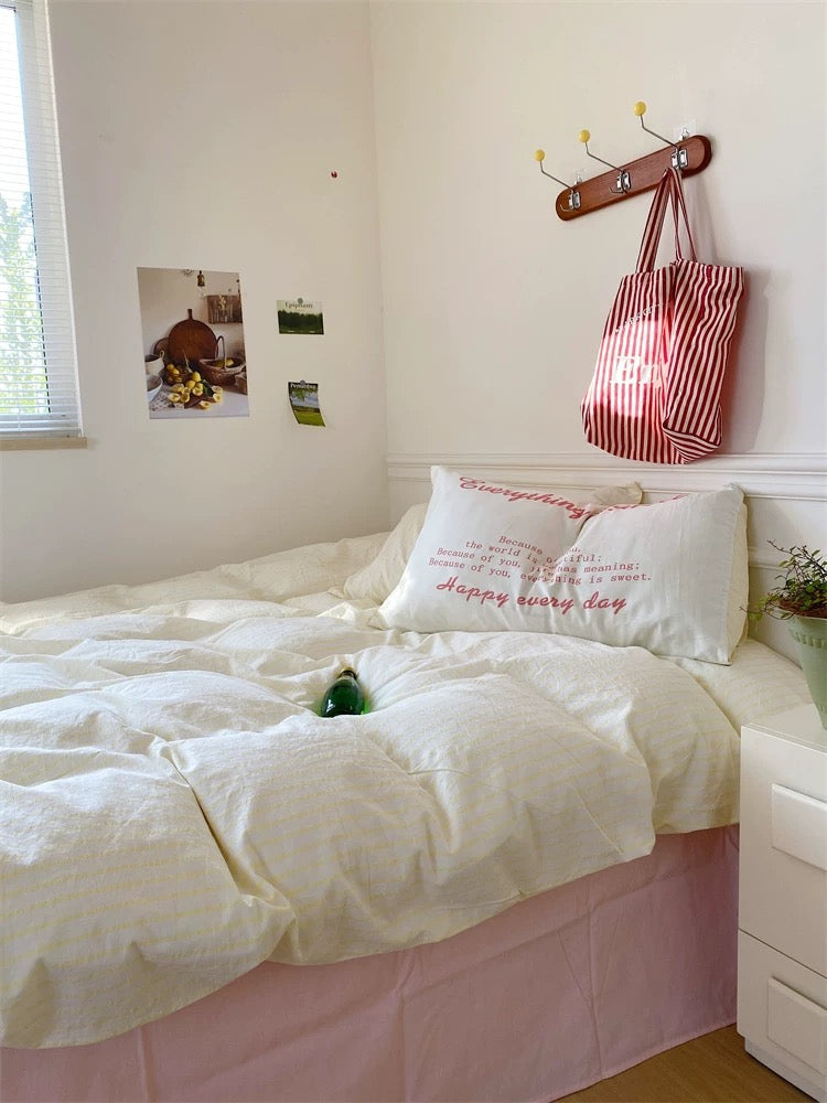 Pink & Yellow Striped Cotton Duvet Cover Set