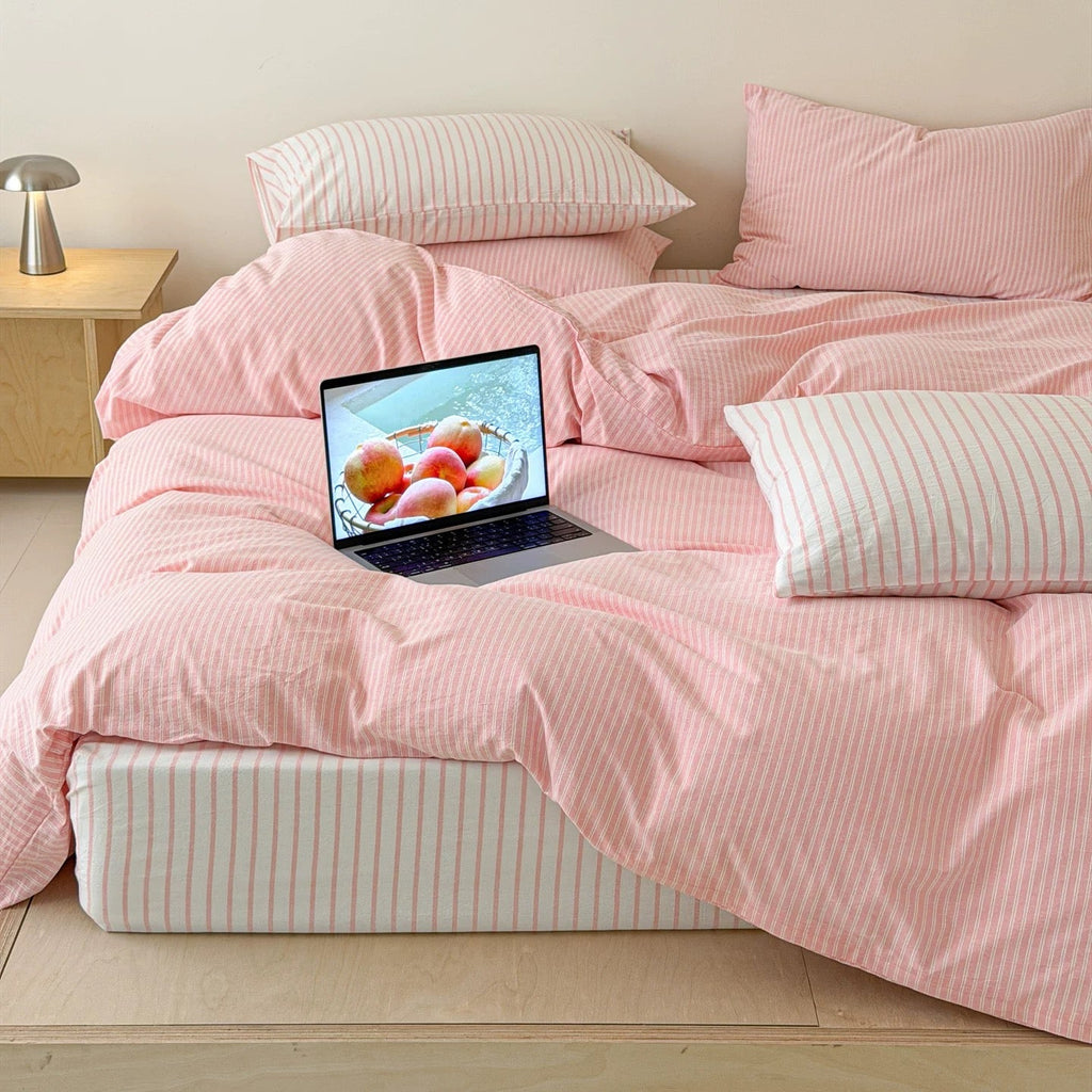 Soft Pink Striped Cotton Duvet Cover Set