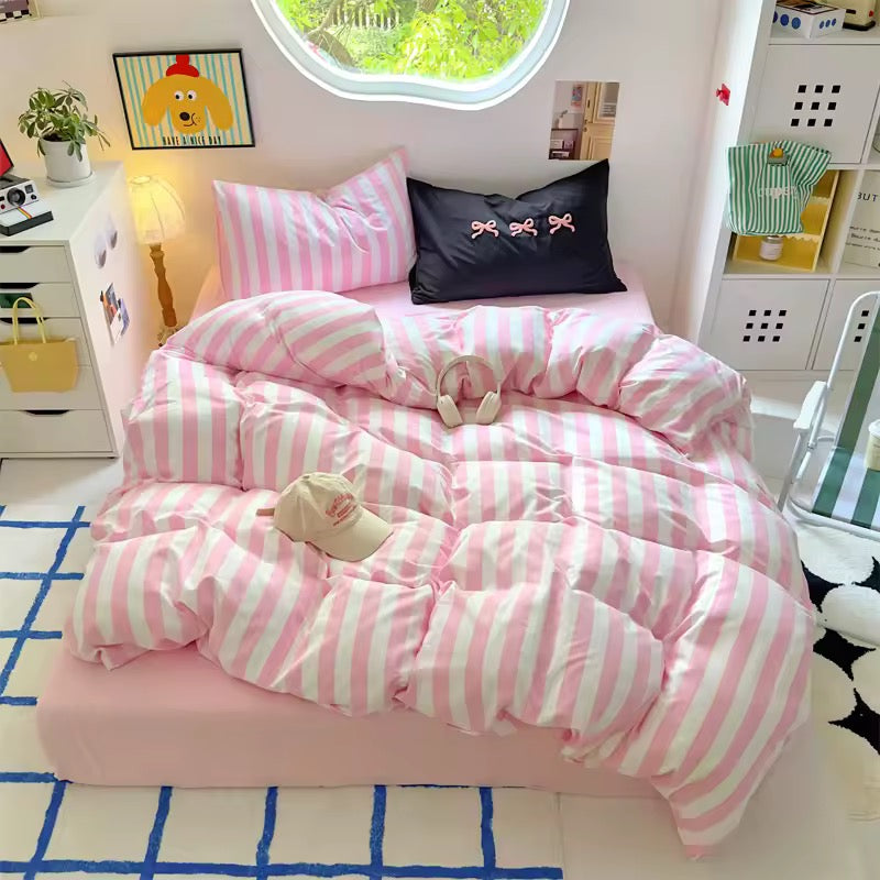 Purple Striped Cotton Bedding Set Pink