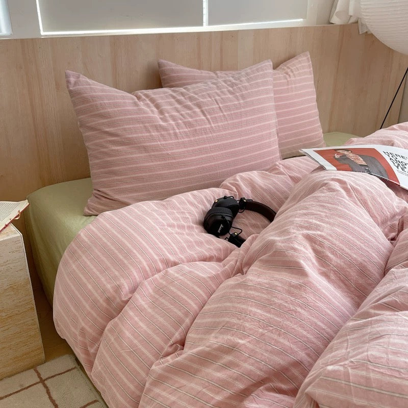 Pastel Pink Striped Cotton Duvet Cover Set