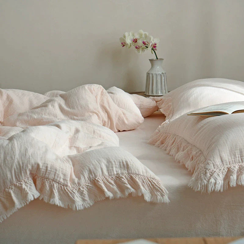 Fringe Duvet Cover Set – Cotton Gauze Bedding Pink