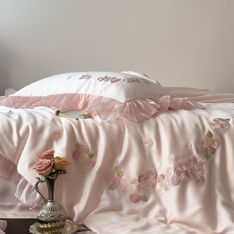 Pink TENCEL™ Ruffle Bedding Set – Rose Embroidery