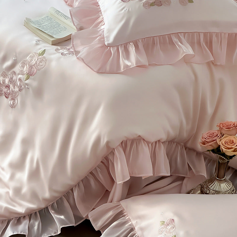 Pink TENCEL™ Ruffle Bedding Set – Rose Embroidery