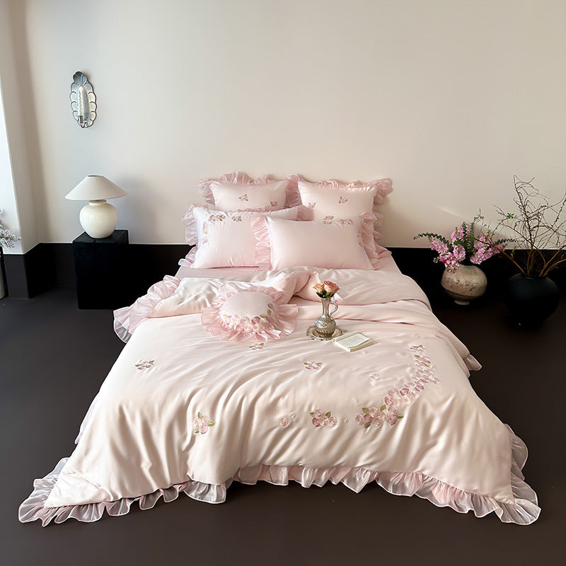 Pink TENCEL™ Ruffle Bedding Set – Rose Embroidery
