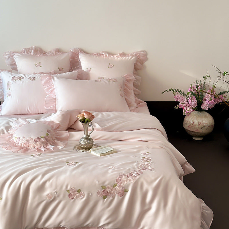 Pink TENCEL™ Ruffle Bedding Set – Rose Embroidery
