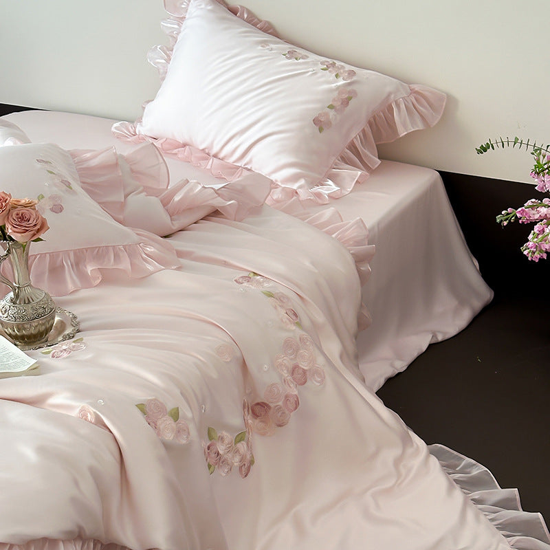 Pink TENCEL™ Ruffle Bedding Set – Rose Embroidery
