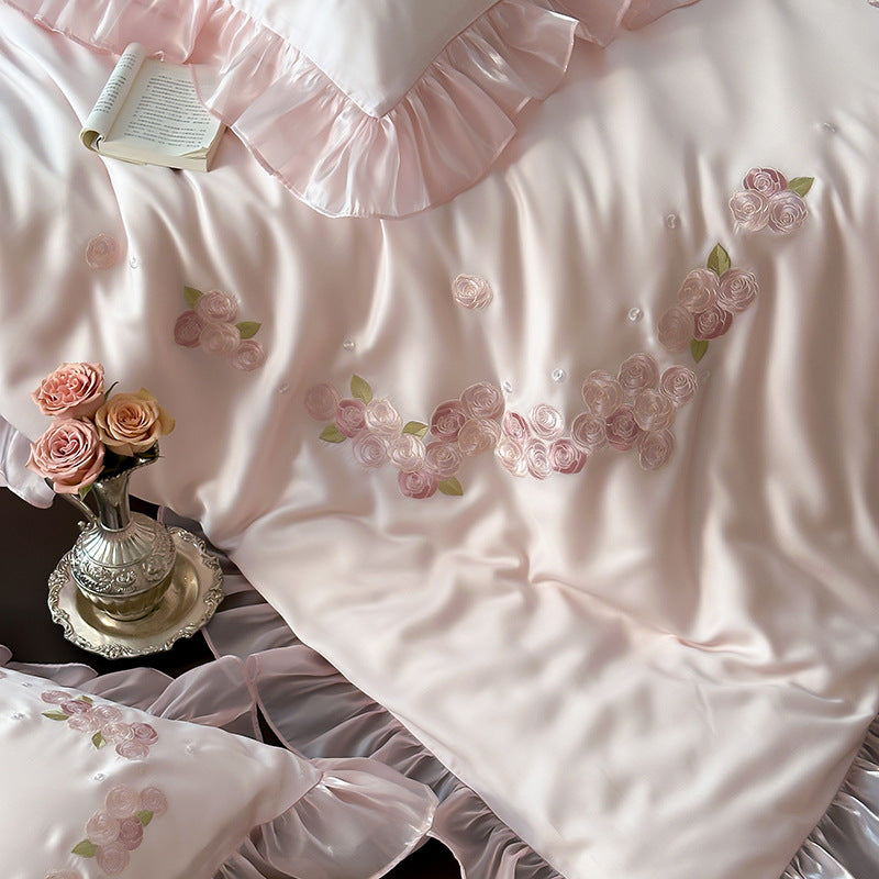 Pink TENCEL™ Ruffle Bedding Set – Rose Embroidery