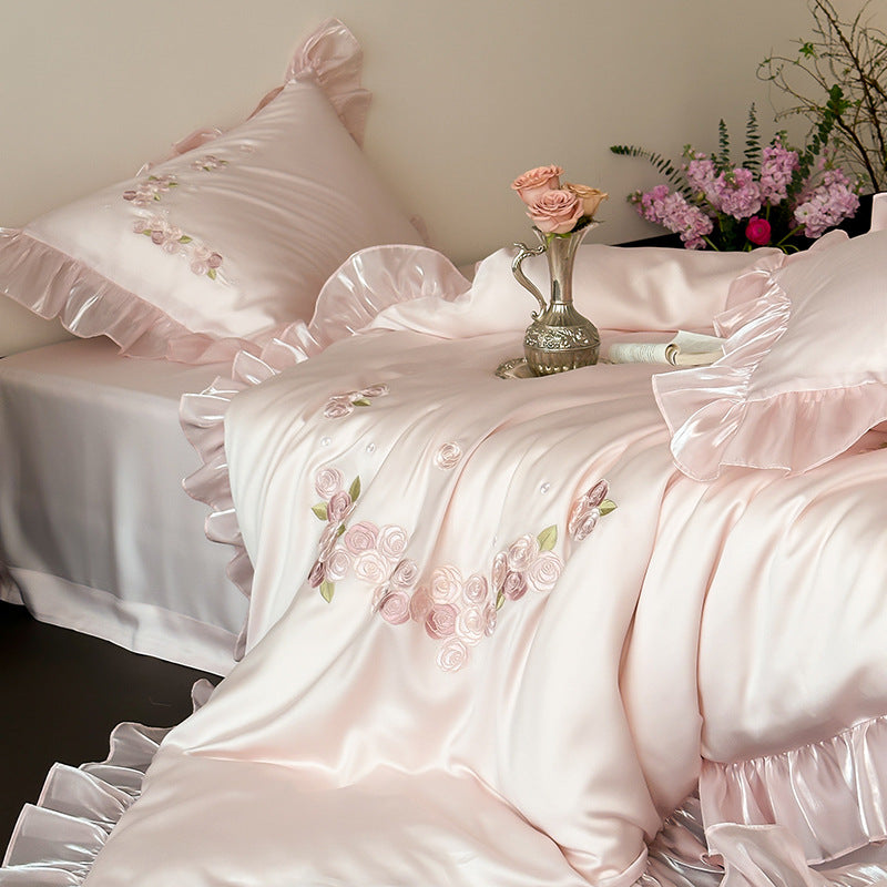 Pink TENCEL™ Ruffle Bedding Set – Rose Embroidery