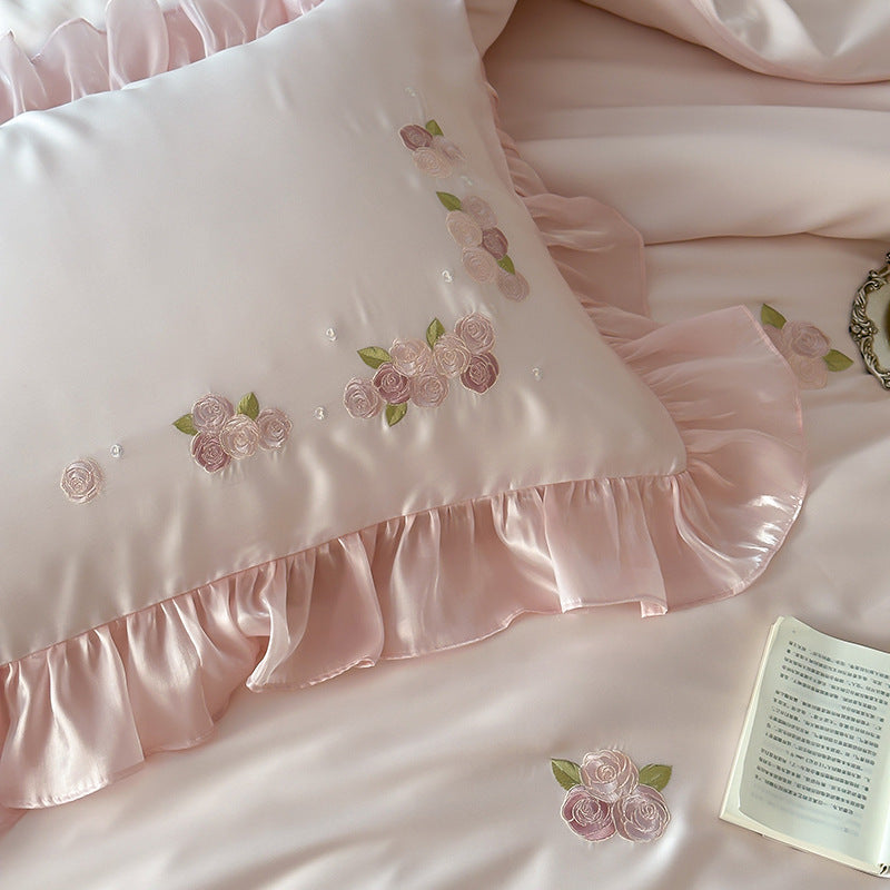 Pink TENCEL™ Ruffle Bedding Set – Rose Embroidery
