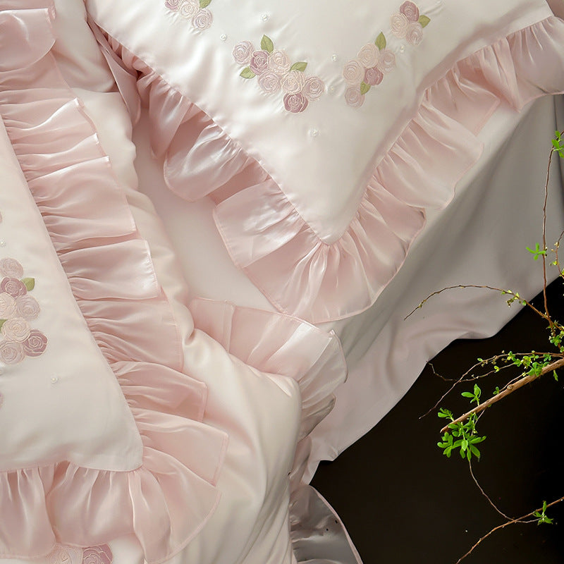 Pink TENCEL™ Ruffle Bedding Set – Rose Embroidery