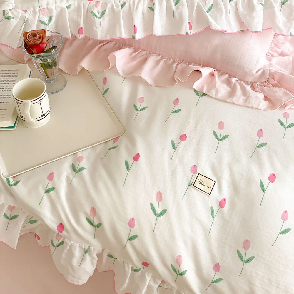 Pink Tulip Bedding Set – Cotton Muslin with Ruffle Trim