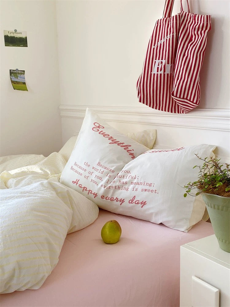 Pink & Yellow Striped Cotton Duvet Cover Set