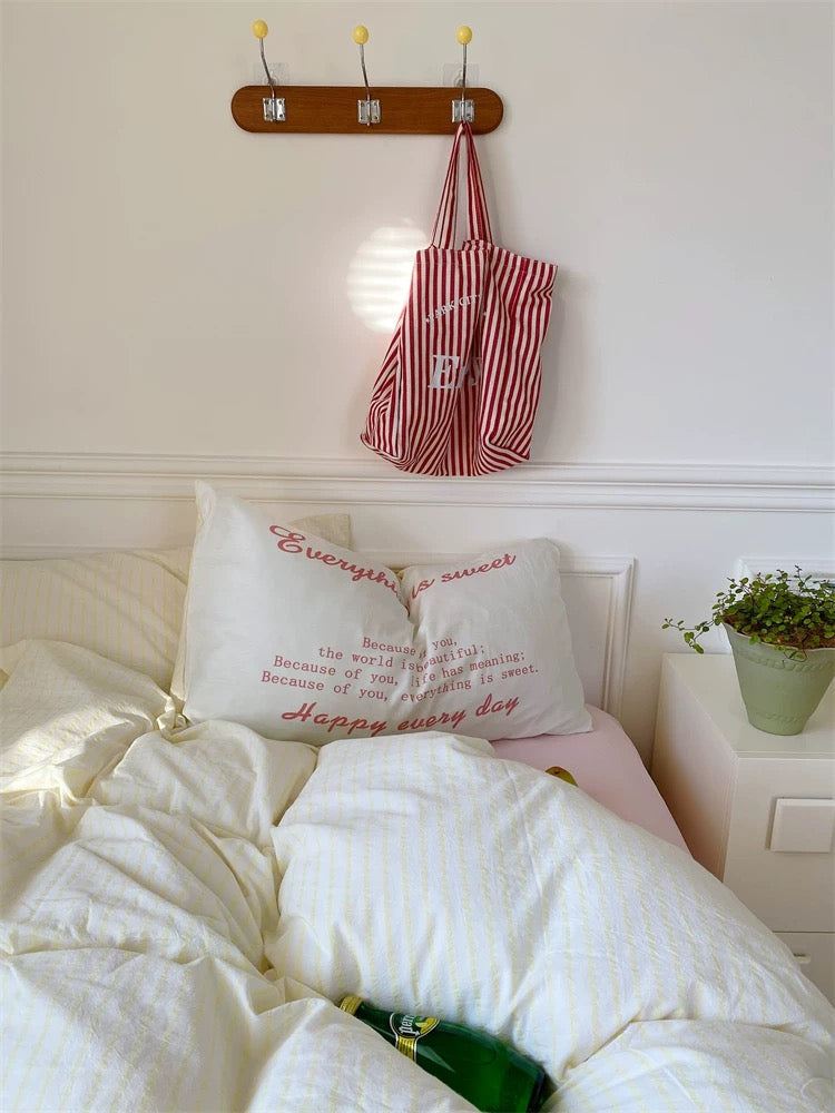 Pink & Yellow Striped Cotton Duvet Cover Set
