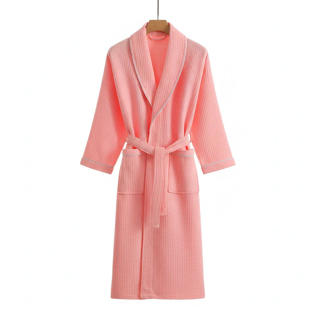 Long Sleeve Waffle Cotton Bathrobe Pink