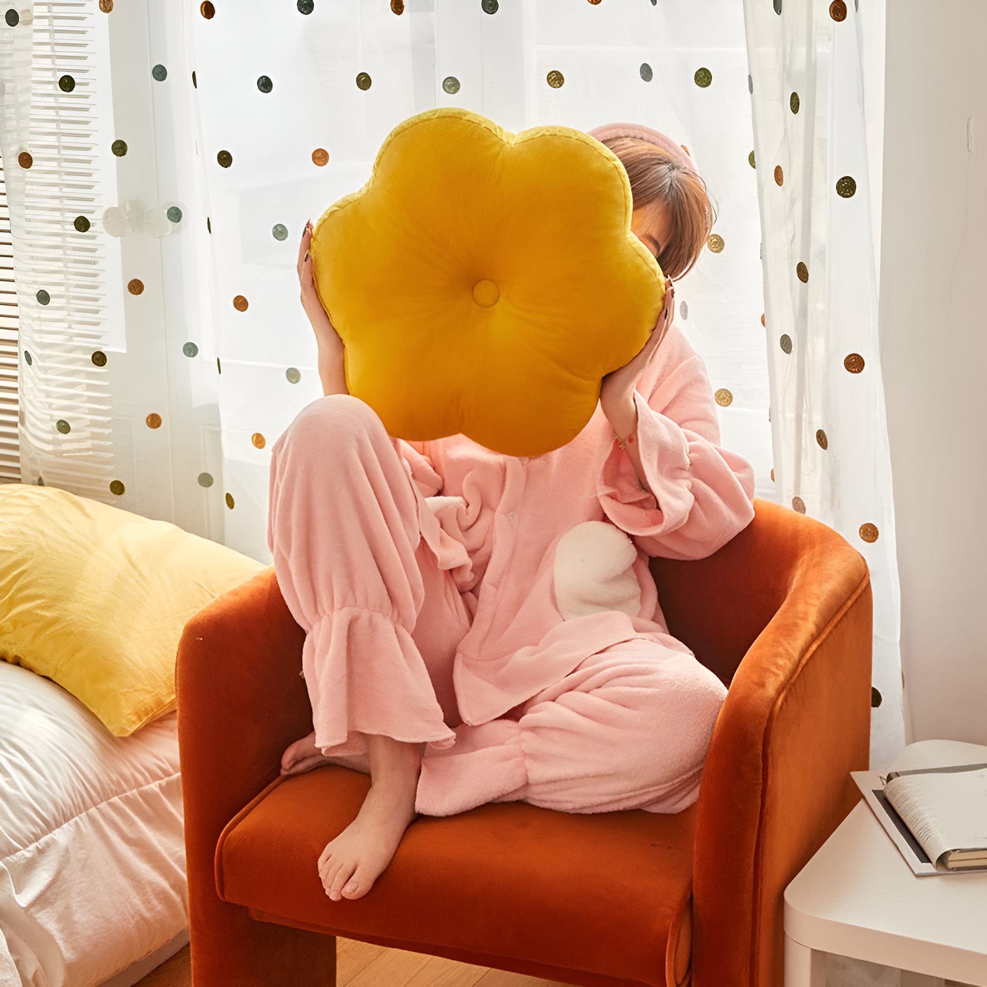 Plush Flower-Shaped Velvet Cushion Yellow