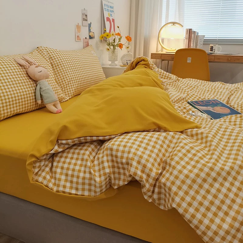 Gingham Plaid Duvet Cover Set Dark Yellow