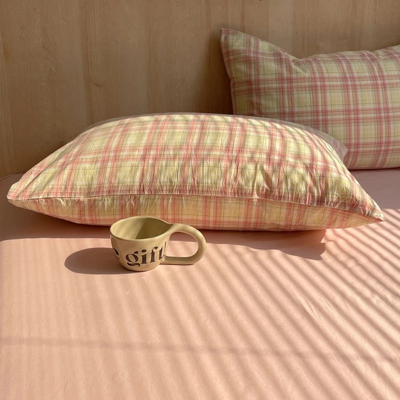 Pink Plaid Cotton Duvet Cover Set