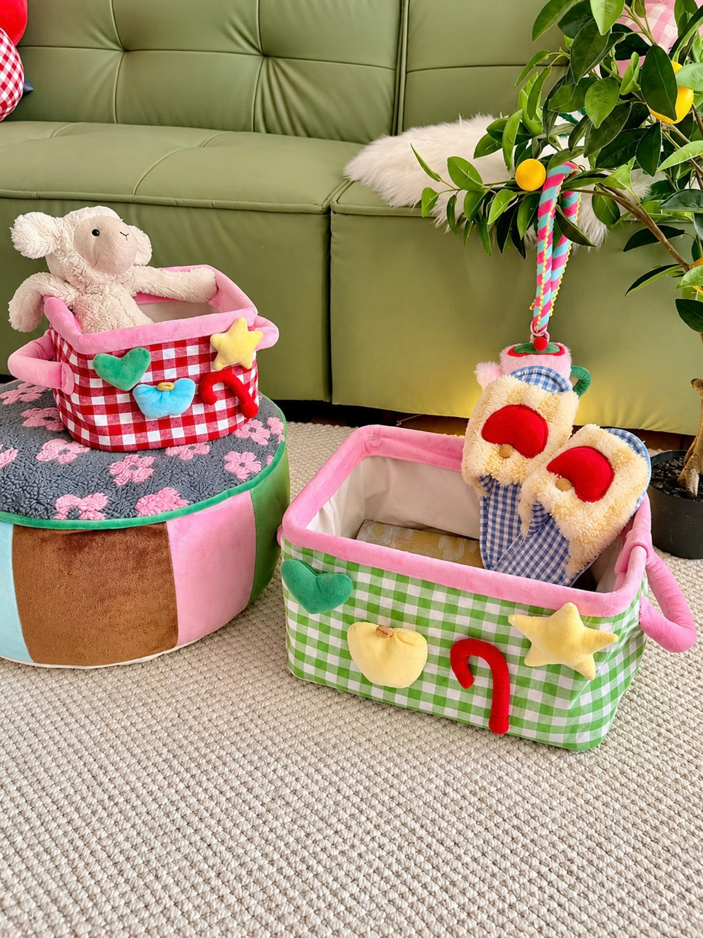 Plush Gingham Storage Basket