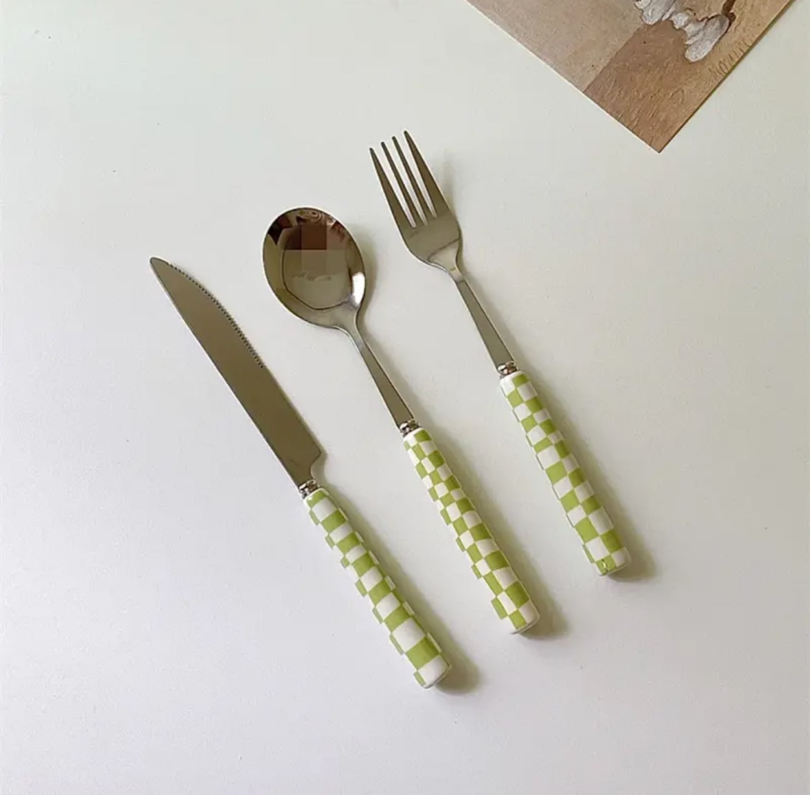 Retro Checkerboard Cutlery Set Green
